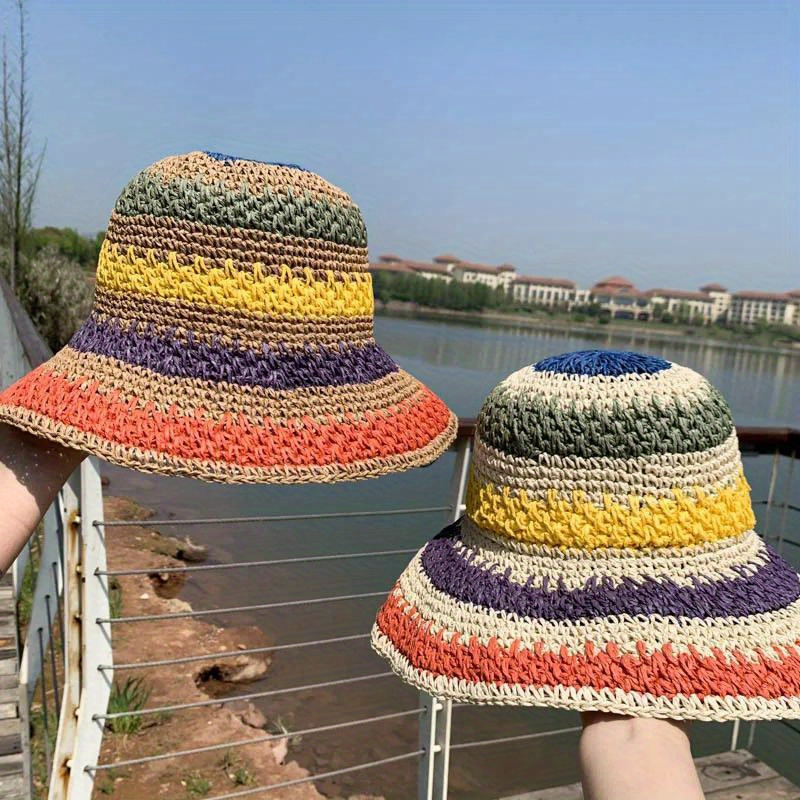 Rainbow Color Block Straw Sun Hat ZQLQU Summer Parent-child Sun Hat Able Women Sun Block Hat  main image 2