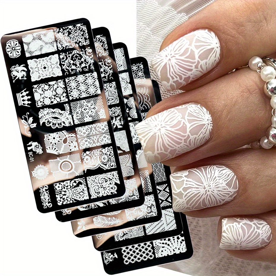 

5-pack Nail Art Stamping Plates, Bc Series Stainless Steel Manicure Stamping Templates, Floral And Geometric Designs For Nail Decoration