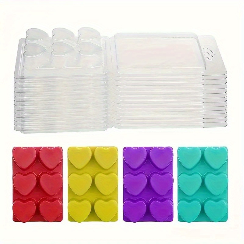 issdem Large Size Wax Melt Molds 50 Packs Clear Plastic Wax Melt Clamshells  6 Cavity Wax Melt Packaging Containers for Candle-Making (Heart)
