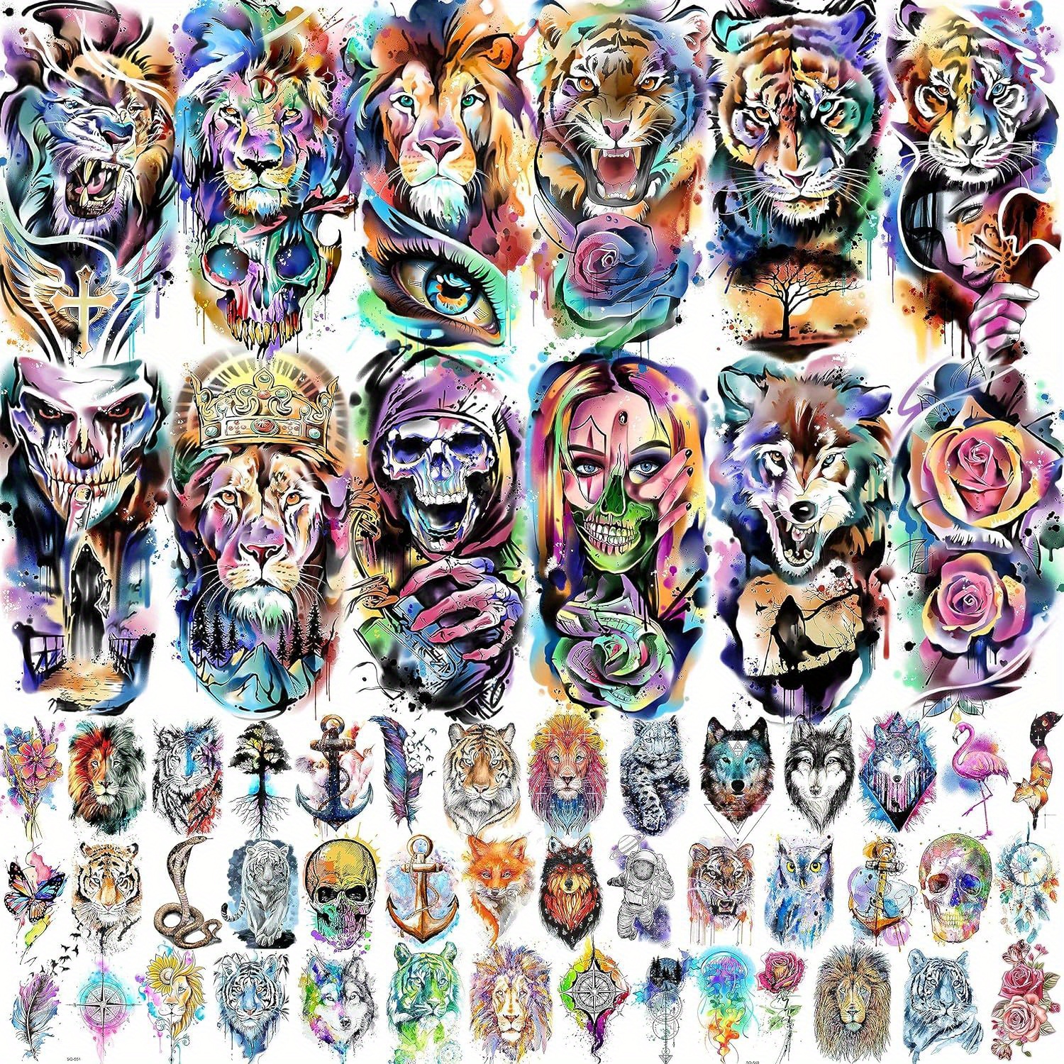 

54 Sheets 3d Watercolor Temporary Tattoos For Women Men Adults Arm, Tiger Lion Skeleton Fake Tattoos That Look Real And Last Long, Long Lasting Colorful Halloween Wolf Rose Flower Temp Tattoo Stickers