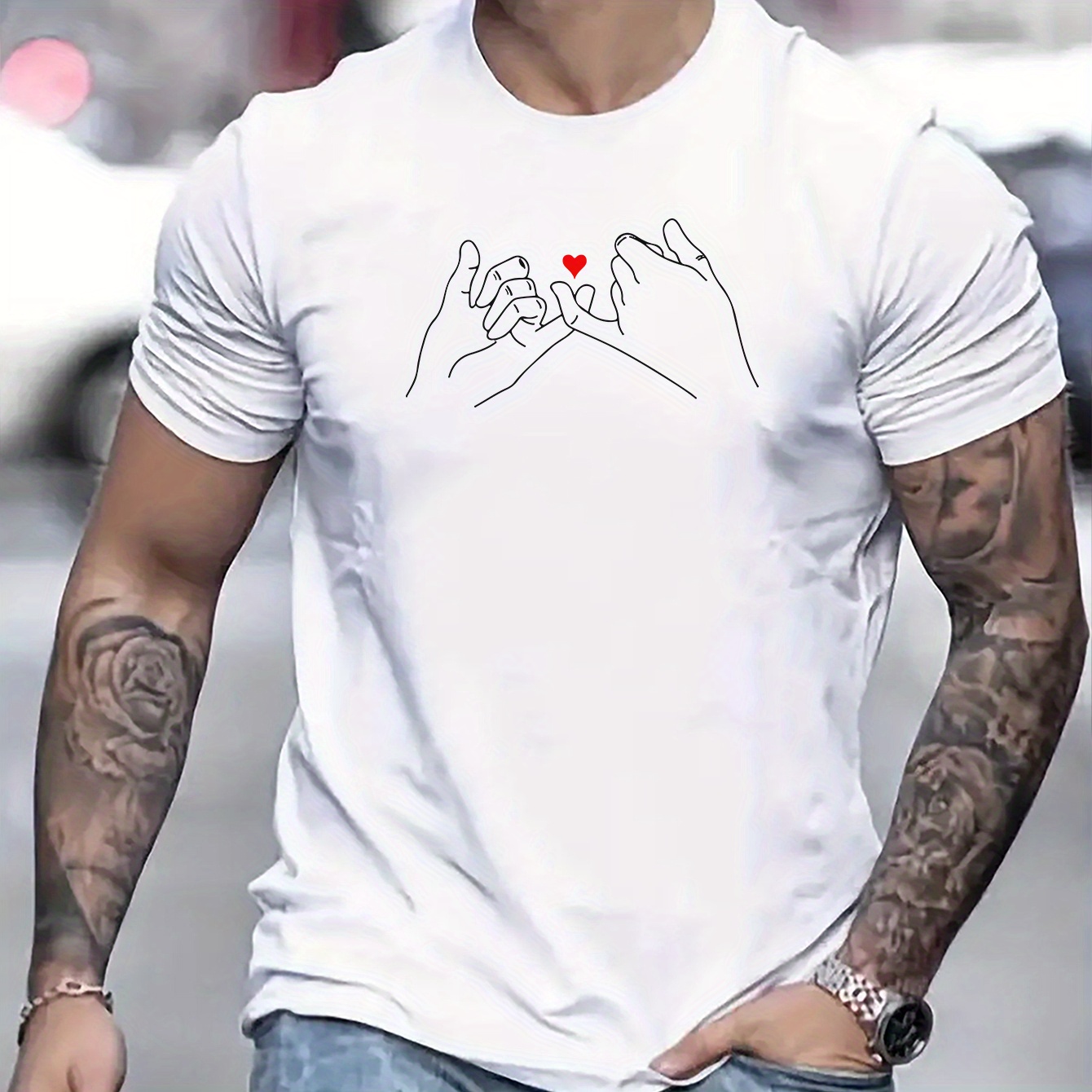

Pinky Fingers And Heart Graphic Print, Men's Novel Graphic Design T-shirt, Casual Comfy Tees For Summer, Men's Clothing Tops For Daily Activities