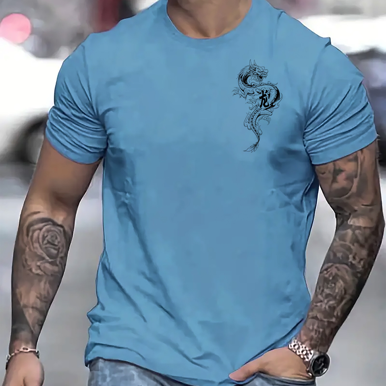 

Dragon And Chinese Character Graphic Print, Men's Novel Graphic Design T-shirt, Casual Comfy Tees For Summer, Men's Clothing Tops For Daily Activities