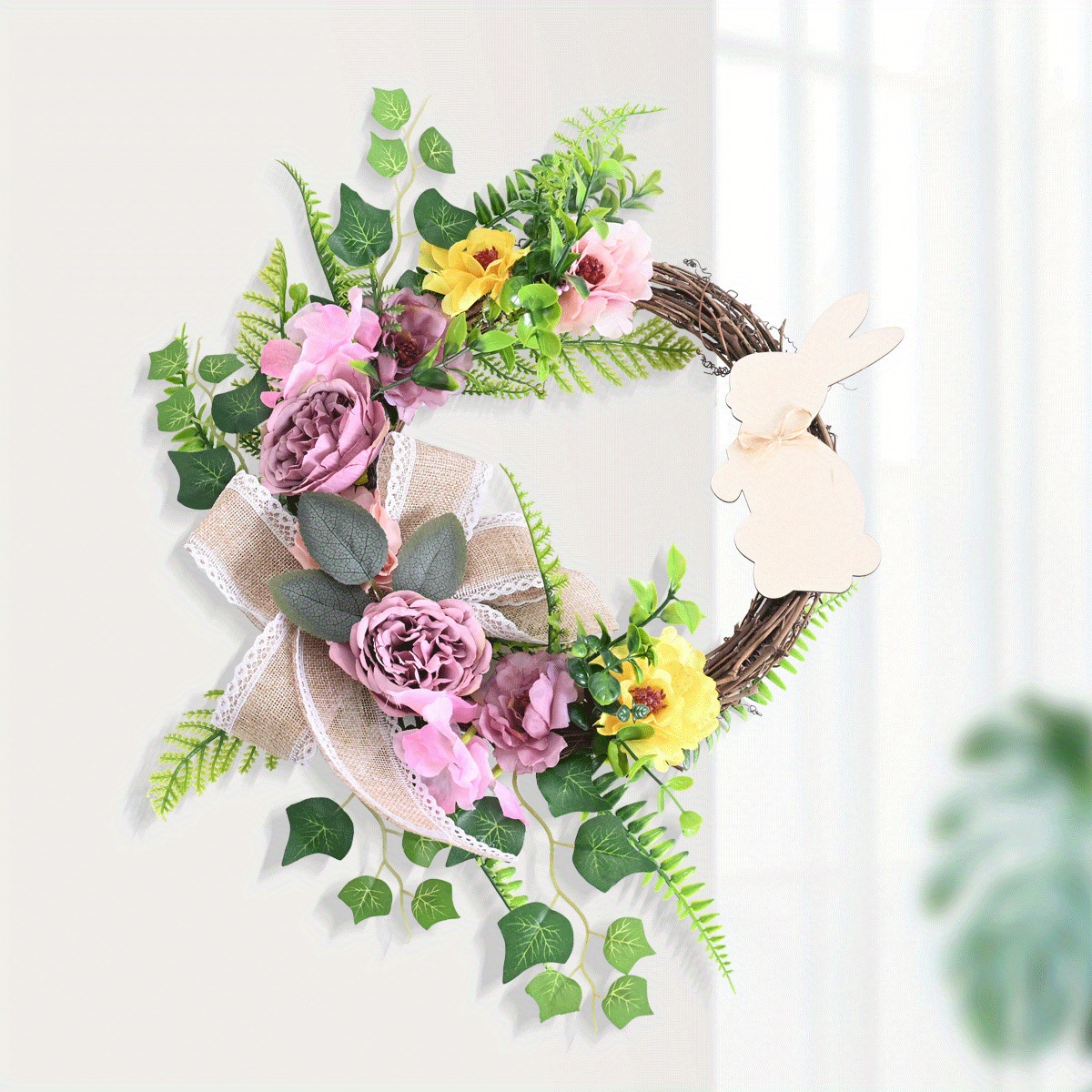 Spring Wreath , Artificial Wreath for the Front Door , Spring Pastoral  Tulip Rose Flower Tree Leaves DecorativeWreath,Home Decor