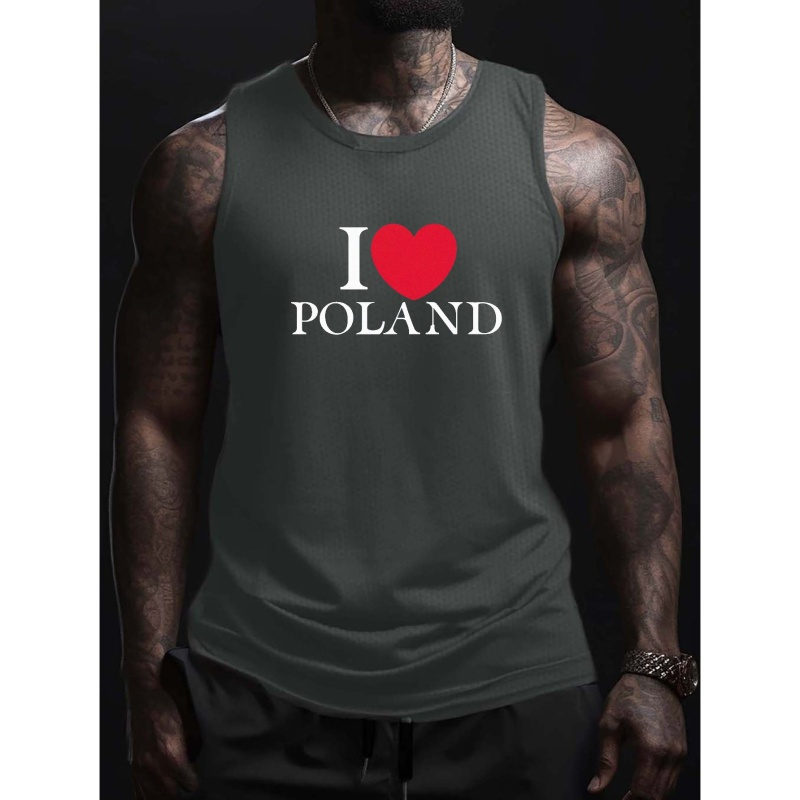 

I Love Poland Print Sleeveless Tank Top, Men's Active Undershirts For Workout At The Gym