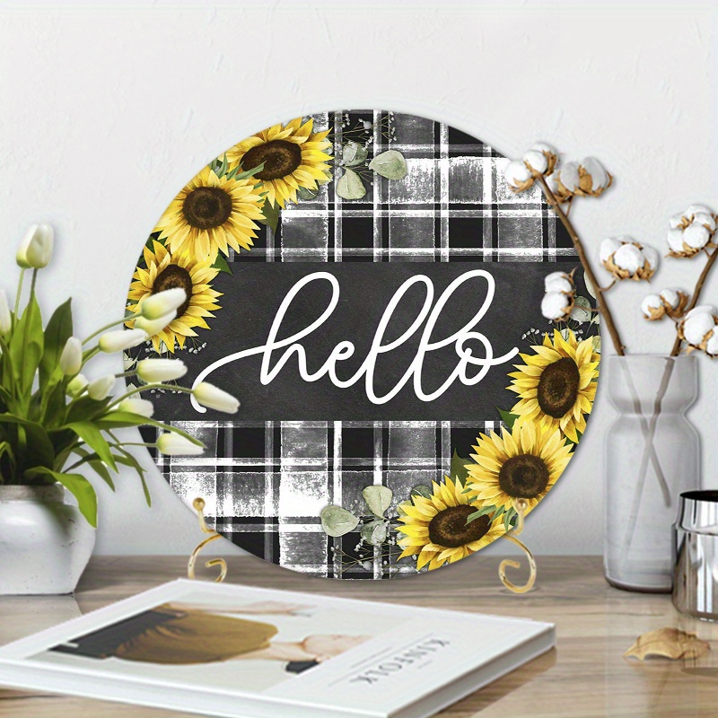 

1pc 8x8inch Aluminum Metal Sign Black And White Plaid Sunflower Hellow Wreath Sign Round Wreath For Spring Wreaths