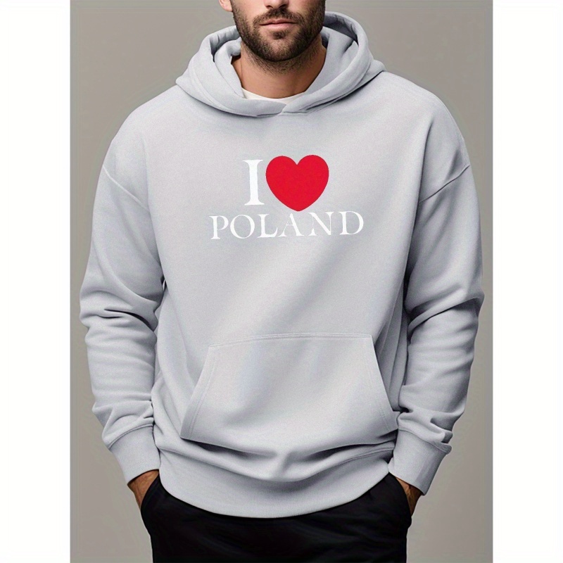 

I Love Poland Print Sweatshirt, Men's Fleece Long Sleeve Hoodies Street Casual Sports And Fashionable With Kangaroo Pocket, For Outdoor Sports, For Autumn Winter, Warm And Cozy