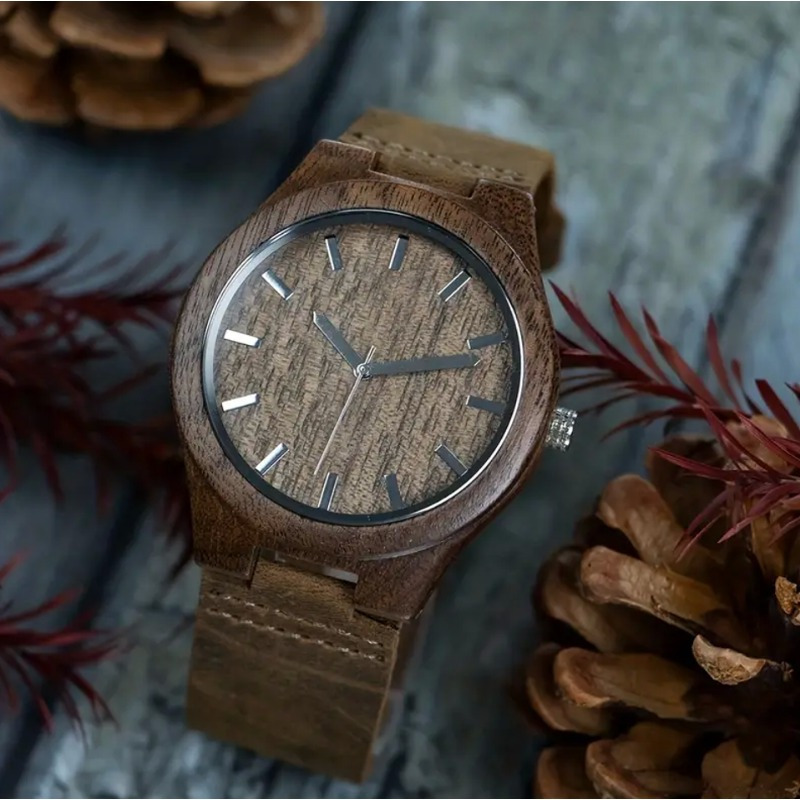 popular   elegant mens walnut wood quartz wrist watch round dial genuine leather strap battery powered non waterproof with electronic movement for ideal gift details 1