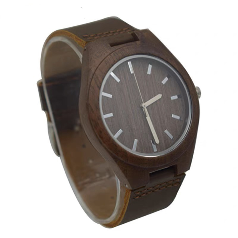 popular   elegant mens walnut wood quartz wrist watch round dial genuine leather strap battery powered non waterproof with electronic movement for ideal gift details 3