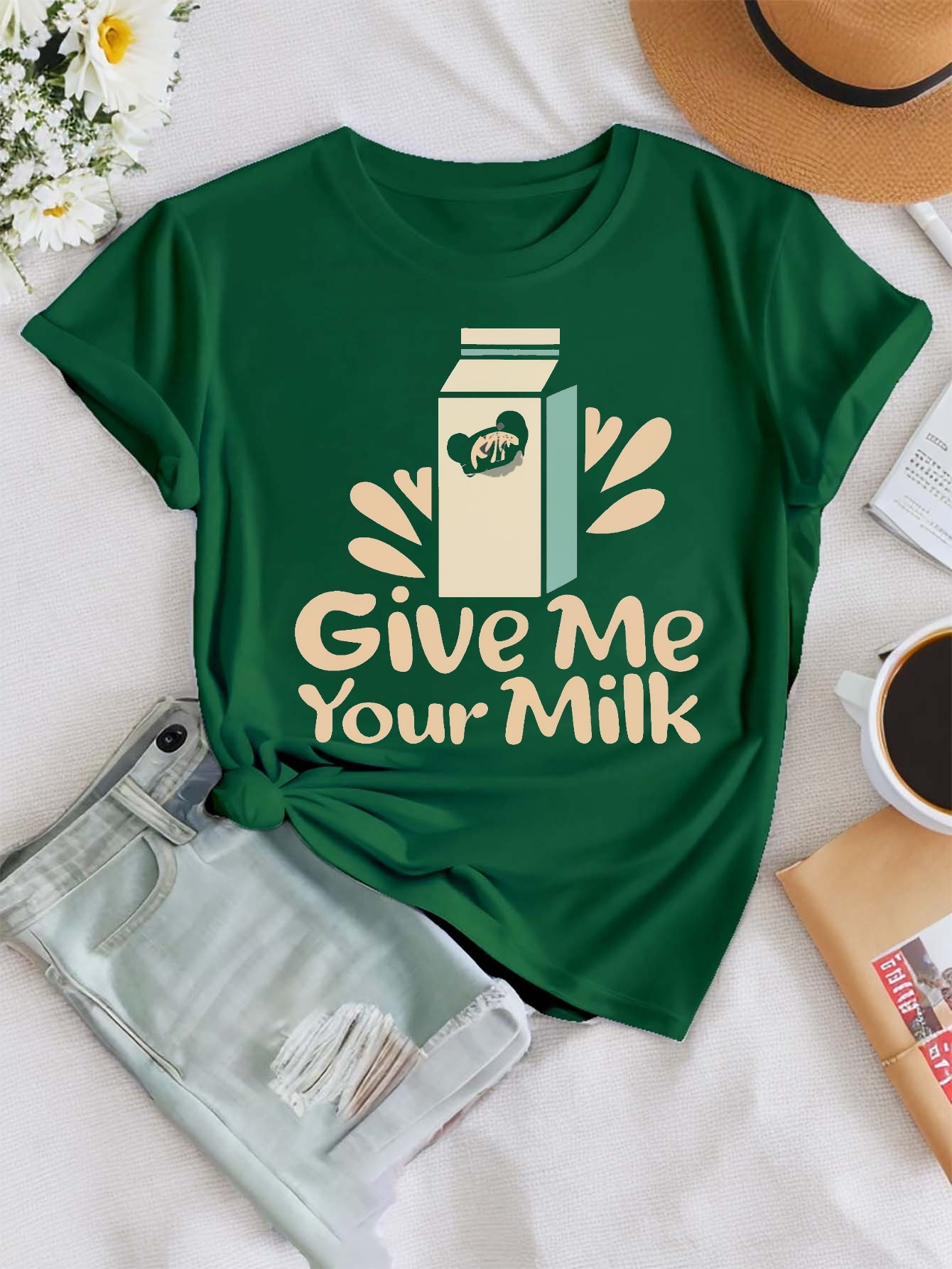 Dame Camiseta Estampada Leche Manga Corta Cuello Redondo Top - Temu Peru