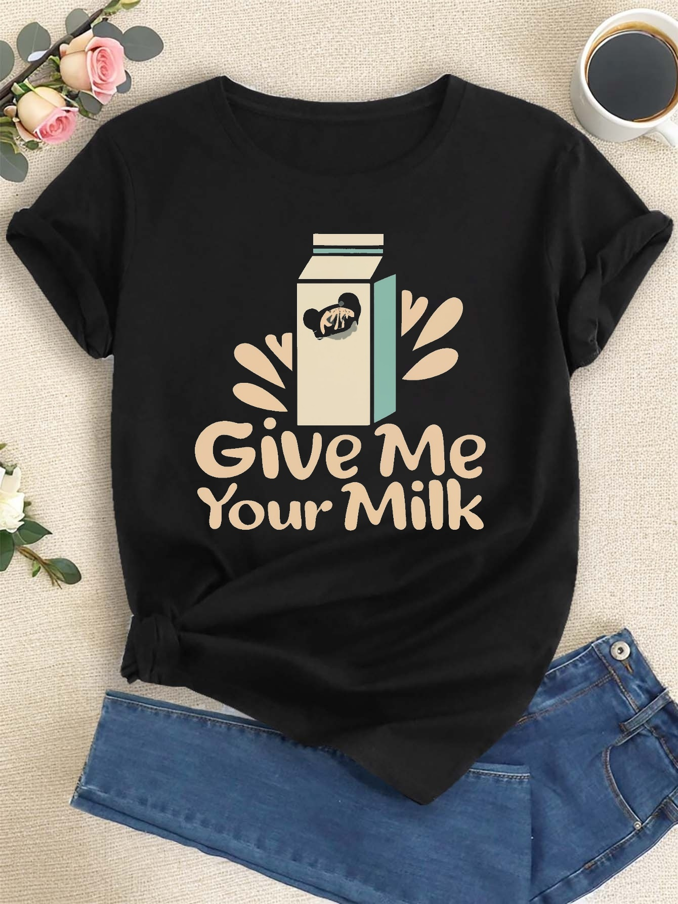 Dame Camiseta Estampada Leche Manga Corta Cuello Redondo Top - Temu Peru