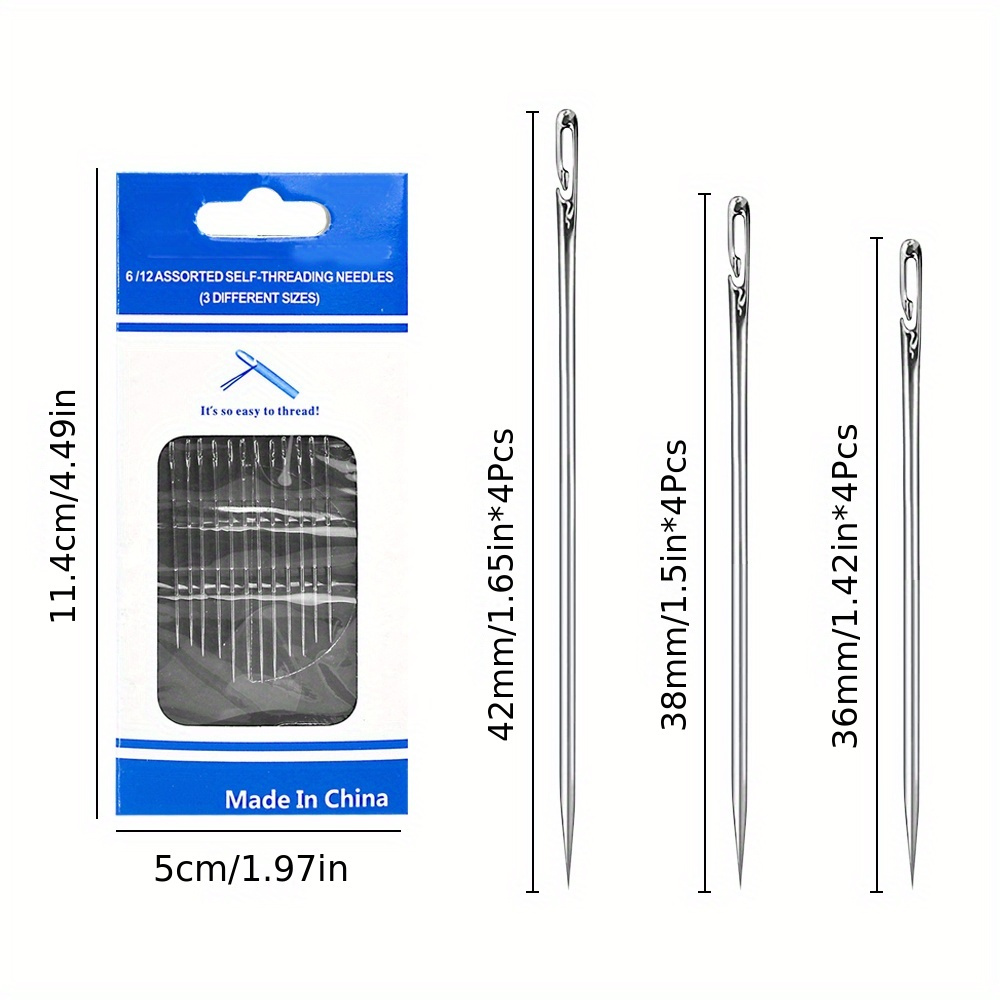 12pcs Self-Threading Sewing Needles - Easy Thread Side Opening, Multi-Size for Hand Stitching & Darning, Durable Metallic Finish, Perfect for Beginners & Experts Alike, Sewing Accessories
