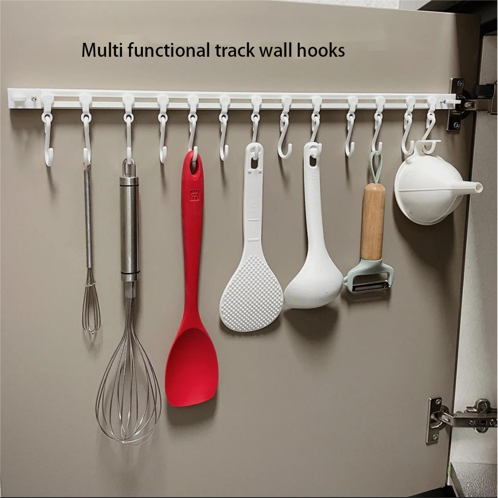 1pc sliding   hook no drill multi functional kitchen bathroom storage rack for coats clothes and more details 7