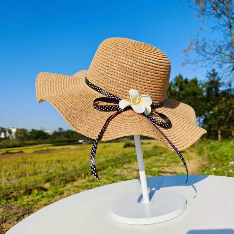 White Flower Decor Sun Hat Trendy Ruffle Solid Color Straw - Temu