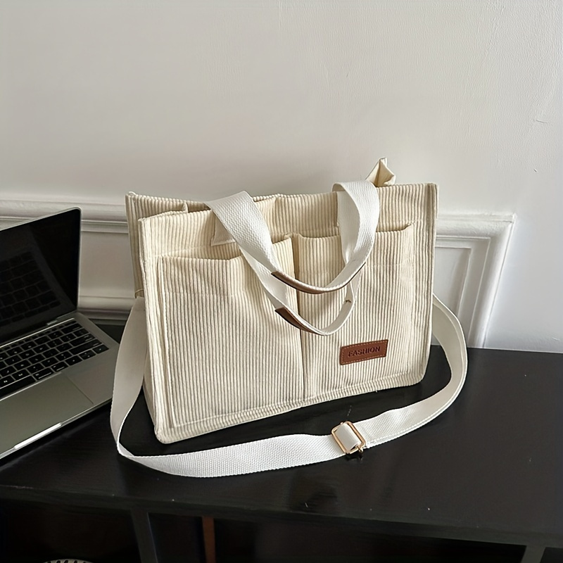 

Simple Corduroy Tote Bag, Letter Patch Decor Shoulder Bag, Multi Pockets Crossbody Bag