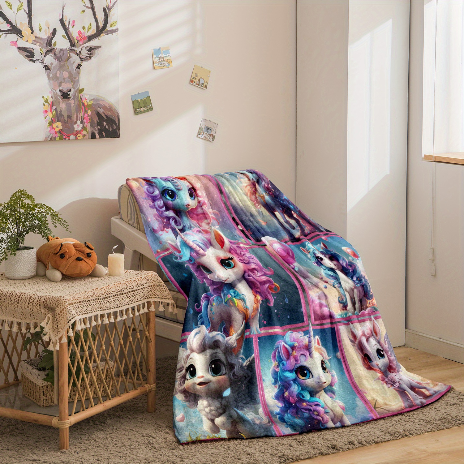 Image of 1pc Cozy Cute And Beautiful Unicorn Print Blanket Lightweight Flannel Digital Printing Fleece Blanket For Sofa Office Couch Bed Travel Camping Livingroom Soft Warm Flannel Blanket, Gifts For