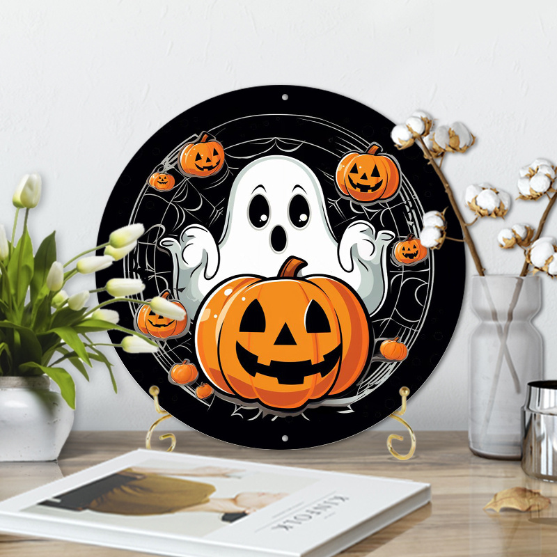 

1pc 8x8inch Aluminum Metal Sign Ghost Lantern Wreath Sign, Signs For Halloween Wreath, Cute Halloween Decor