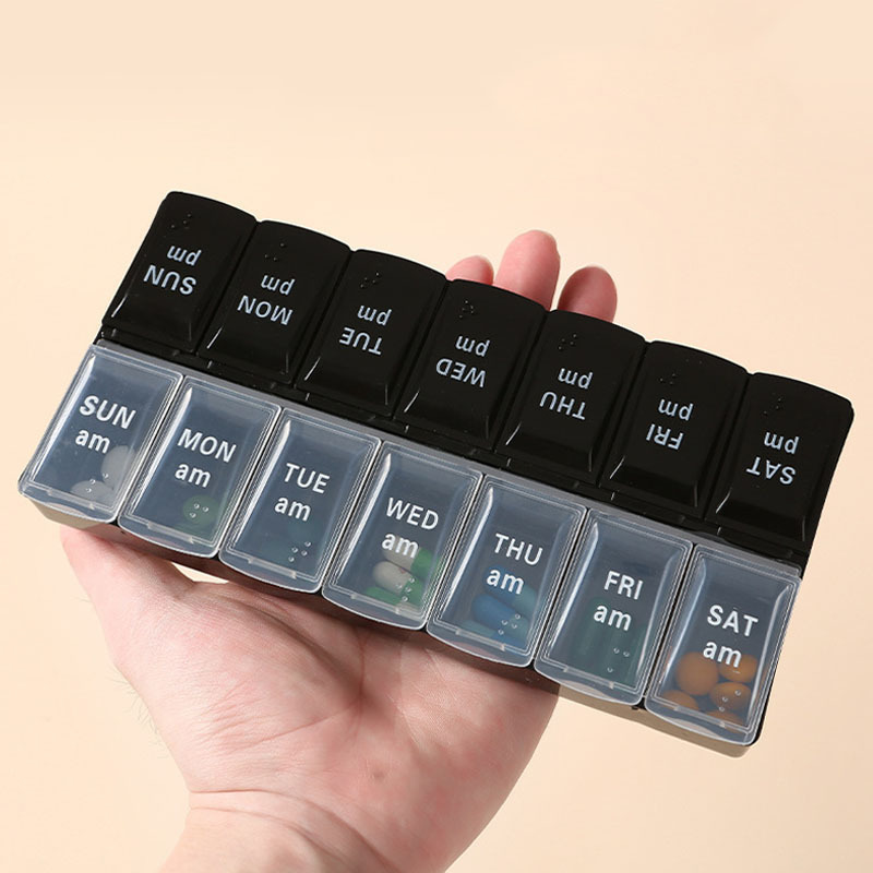 1pc double row 14 grid medicine box with braille weekly days early and late medicine sub packaging storage small medicine box Product details 1