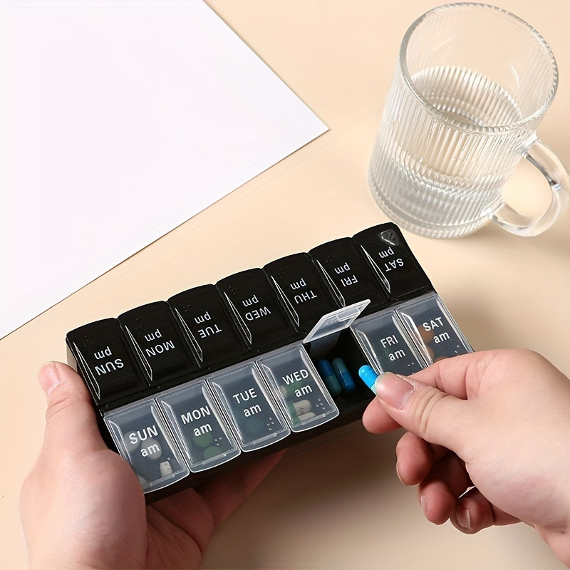 1pc double row 14 grid medicine box with braille weekly days early and late medicine sub packaging storage small medicine box Product details 4
