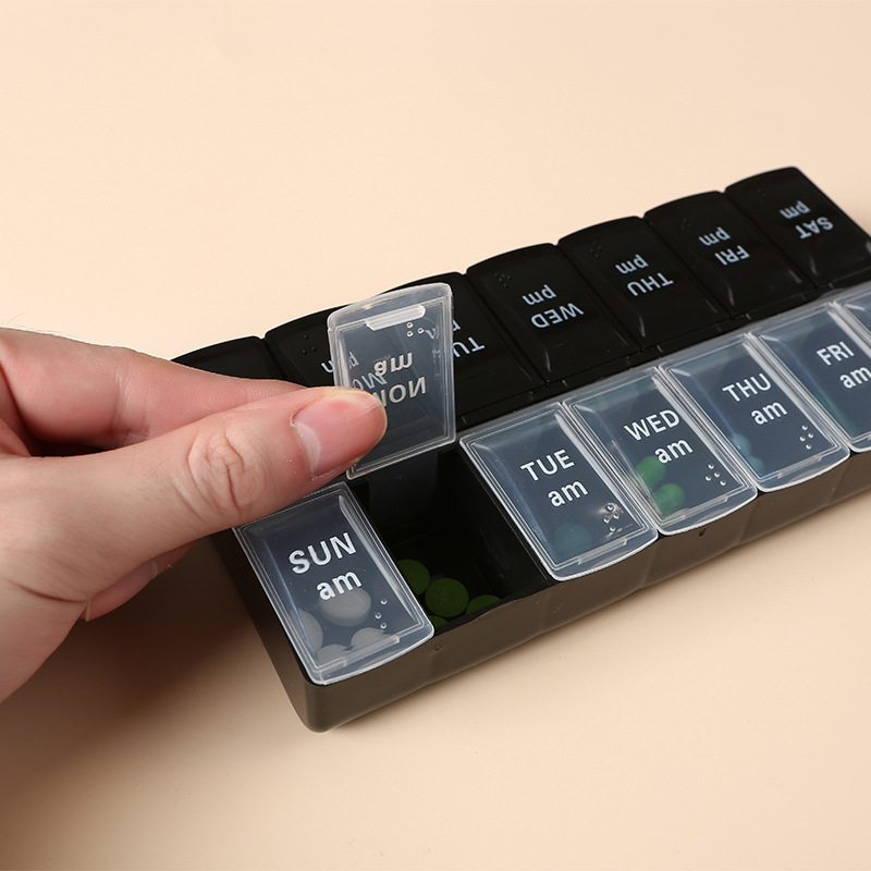 1pc double row 14 grid medicine box with braille weekly days early and late medicine sub packaging storage small medicine box Product details 5
