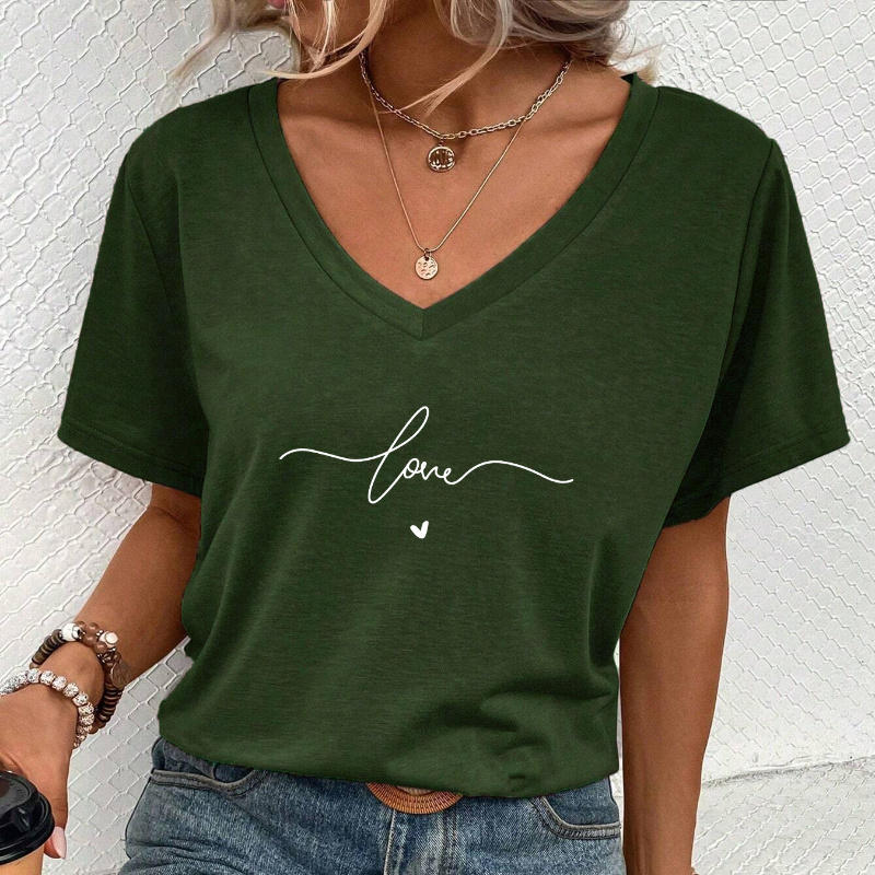 

Heart & Love Letter Pattern Casual T-shirt, V Neck Short Sleeves Stretchy Sports Tops, Valentine's Day Women's Comfy Tee