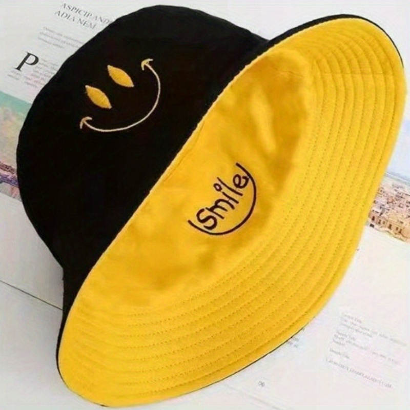 

Trendy Smiling Embroidery Bucket Hat Unisex Solid Color Reversible Sun Hats Lightweight Casual Fisherman Cap For Women & Men