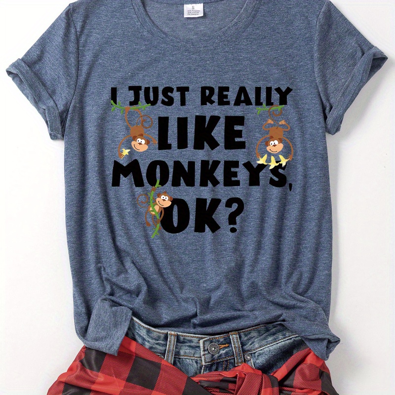 

Monkey Letter Print T-shirt, Short Sleeve Crew Neck Casual Top For Summer & Spring, Women's Clothing