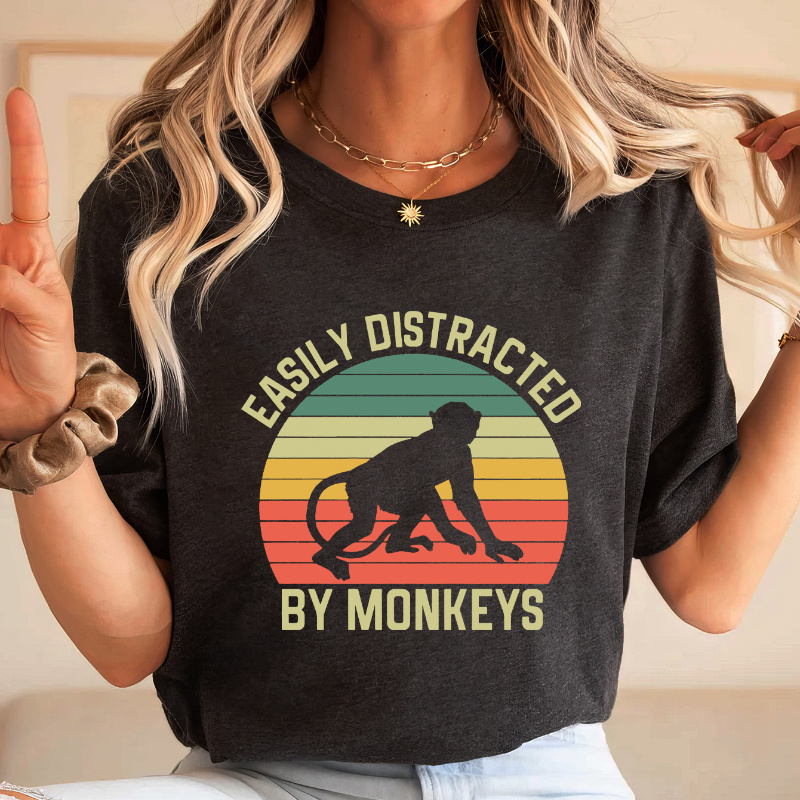 

Monkey Print T-shirt, Short Sleeve Crew Neck Casual Top For Summer & Spring, Women's Clothing