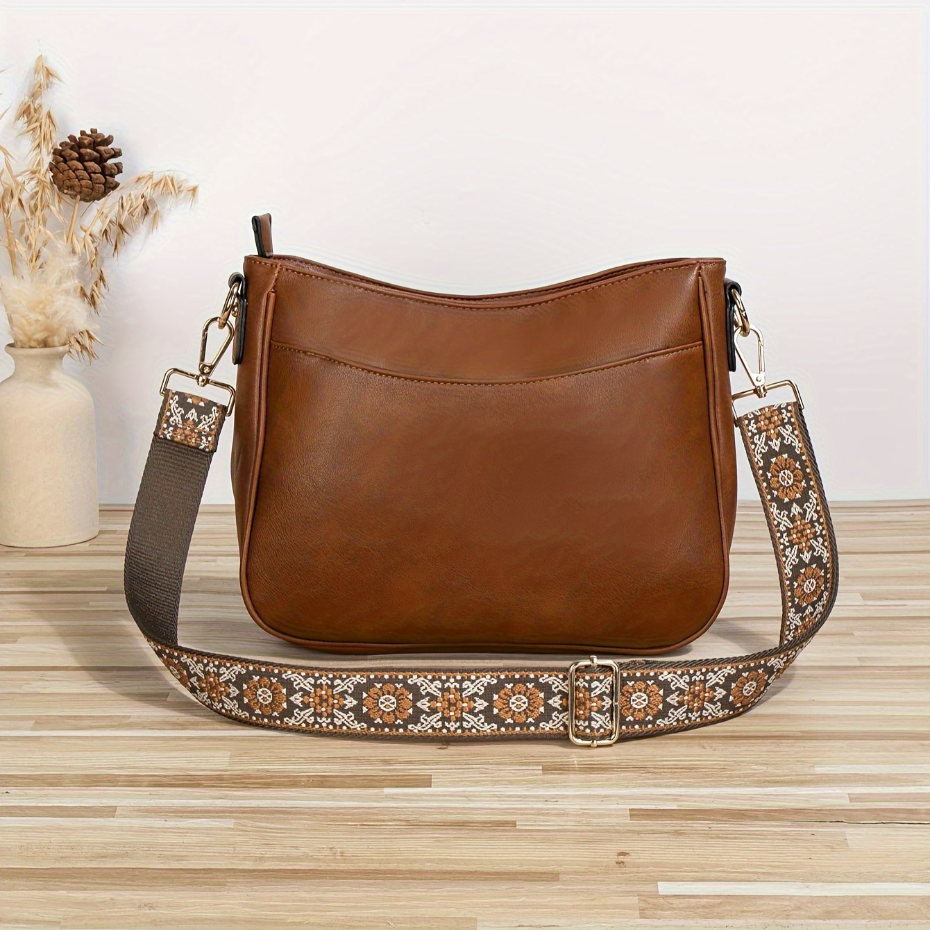 

Retro Vegan Leather Crossbody Bag, Bohemian Wide Strap Shoulder Bag, Trendy Mini Hobo Bag For Women