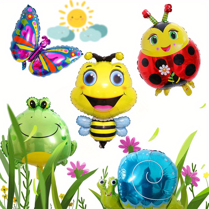 

5pcs, Forest Animal Theme Insect Balloons, Bee Butterfly Frog Snail Foil Balloons, Birthday Party Decoration, Spring Party Decor, Garden Decor
