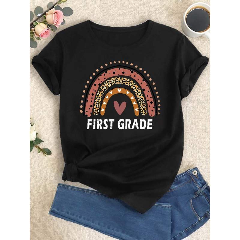 

Teachers' Day First Grade Print T-shirt, Short Sleeve Crew Neck Casual Top For Summer & Spring, Women's Clothing