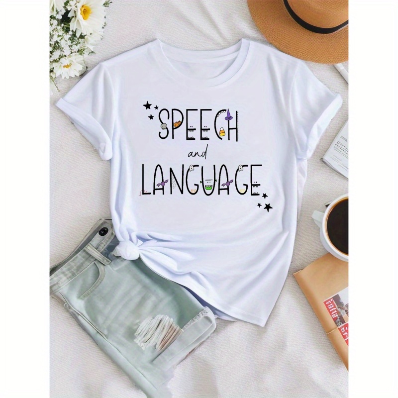 

Inspirational Letters Speech Language Print T-shirt, Short Sleeve Crew Neck Casual Top For Summer & Spring, Women's Clothing