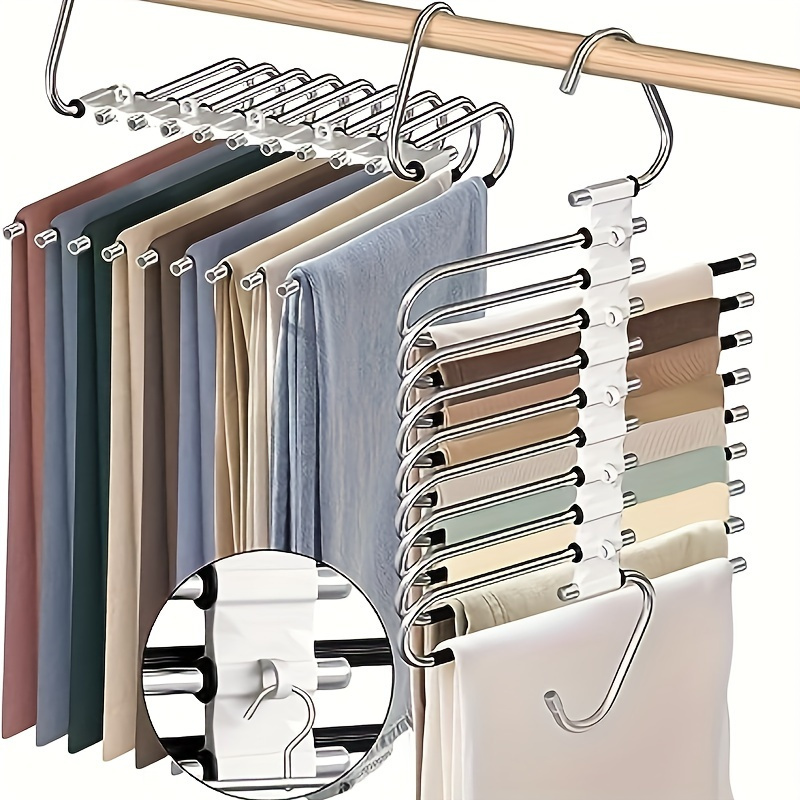 

1pc Upgraded 9-tier Pants Hangers, Space Saving Non Slip Stainless Steel Multifunctional Rack, S-type Closet Organizer With Hooks, For Leggings Trousers, Suitable For Clothing Stores