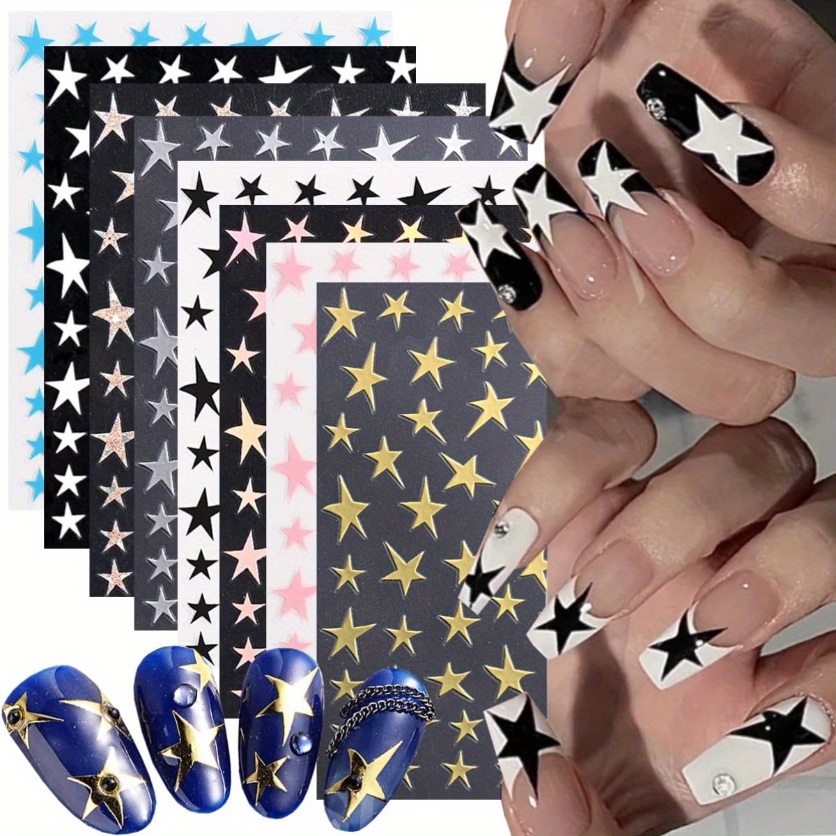 

8 Sheets Art Sticker 3d Glitters Nail Decals Holographic Irregular Black White Pink Lase Stars Decal Slider Nail Foil Diy Charms Manicure Decoration