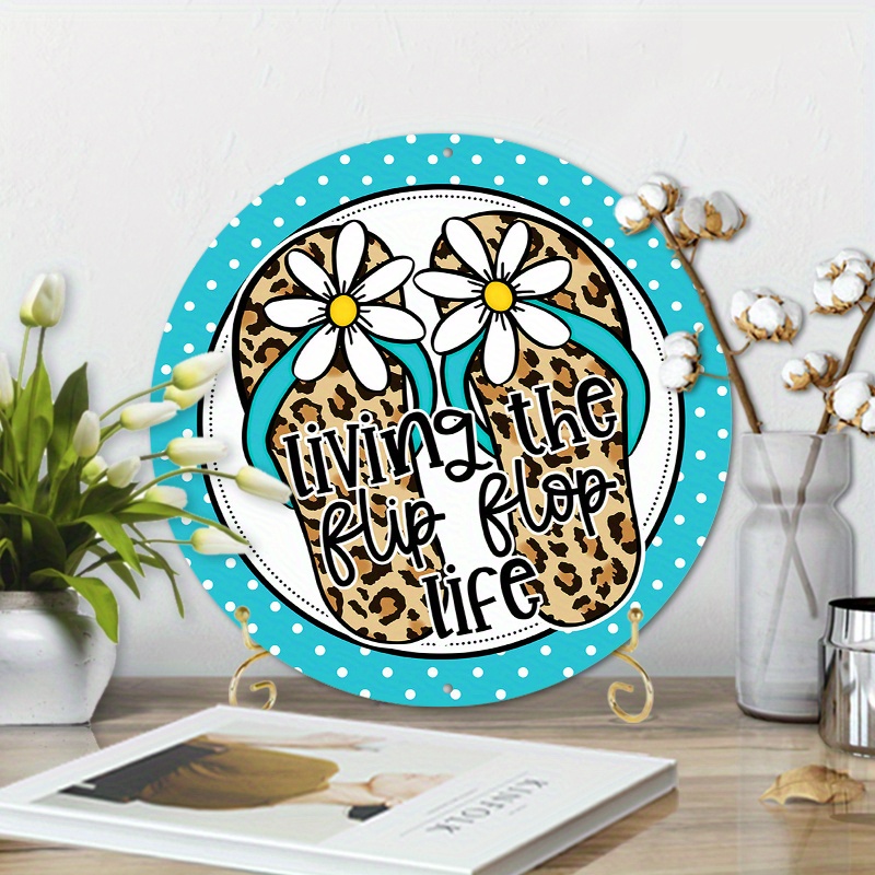 

1pc 8x8inch Aluminum Metal Sign, Turquoise And Leopard Living The Flip Flop Life Wreath, Summer Metal Wreath