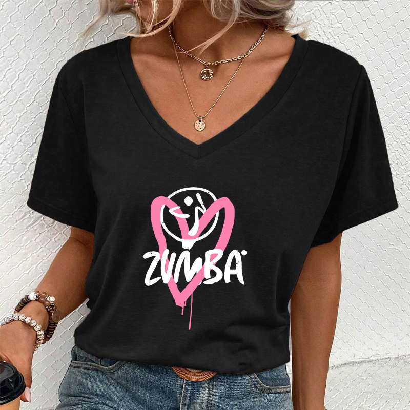 

Heart & Letter Print Casual T-shirt, Short Sleeves V Neck Stretchy Fashion Sports Tee, Valentine's Day Women's Tops Graphic