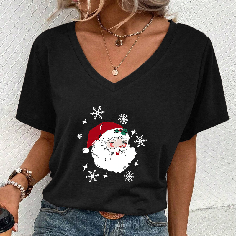 

Christmas Santa Claus & Snowflake Print Casual T-shirt, Short Sleeves V Neck Stretchy Fashion Sports Tee, Women's Tops