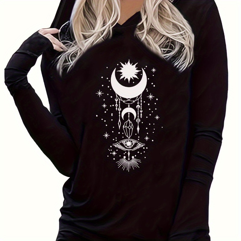 

Moon Stars Graphic Print Hooded T-shirt, Casual Long Sleeve Top For Spring & Fall, Women's Clothing