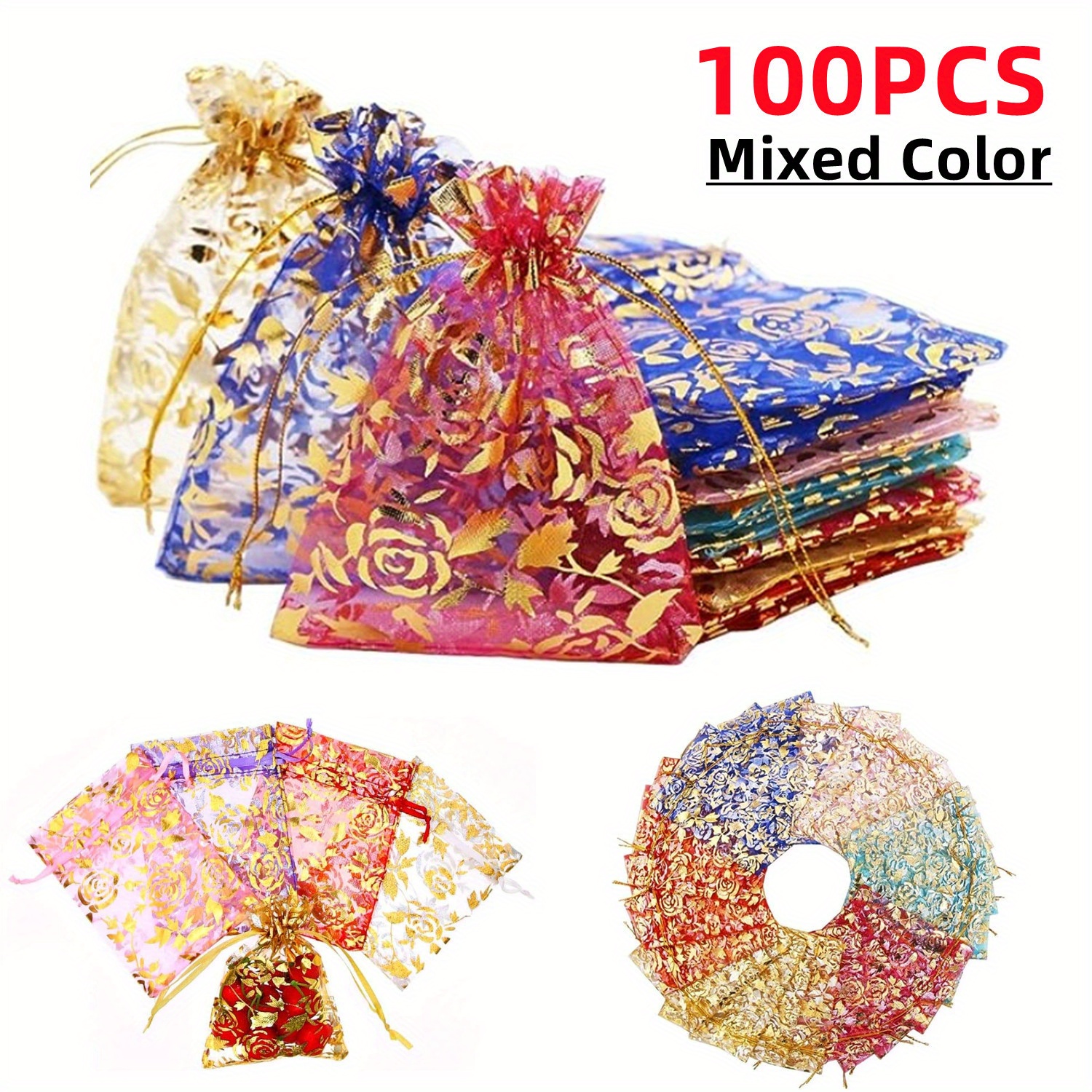 

100pcs Elegant Rose Organza Drawstring Bags - Vibrant Mixed Colors With Golden Embroidery, Jewelry, Candy & Gifts , Christmas, Parties