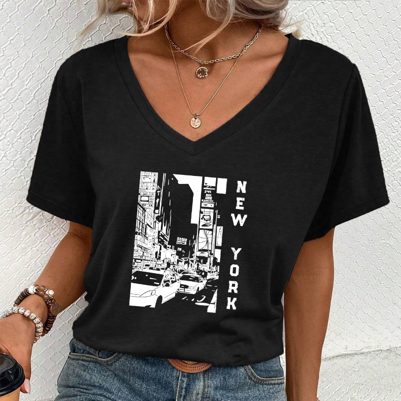 

New York Print Casual T-shirt, Short Sleeves V Neck Stretchy Fashion Sports Tee, Women's Tops