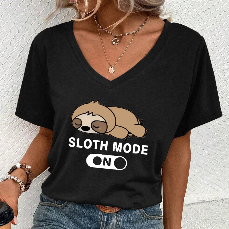 

Summer , Women's Sloth Mode Graphic Tee - Casual V-neck Short Sleeve T-shirt, Breathable Polyester, Machine Washable - , Slowlife, Sloth Print, Women's Casual, Sportswear, V-neck, Short Sleeve