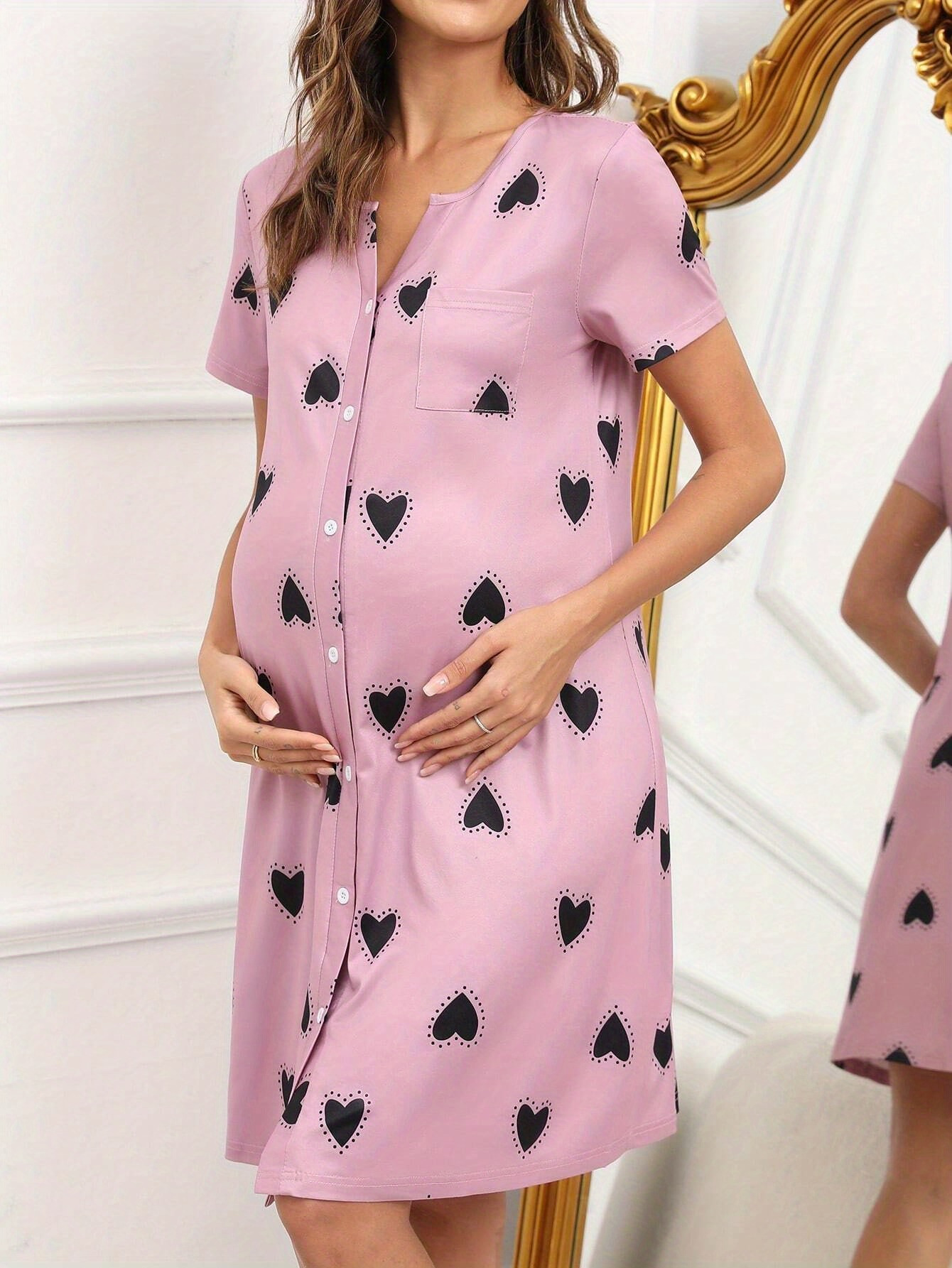 Pregnant Women'S Home Sleepwear Pink Nightgown Short Sleeve Dress Spring  Style Casual Summer Maternity Wear Short Skirt Nursing Feeding