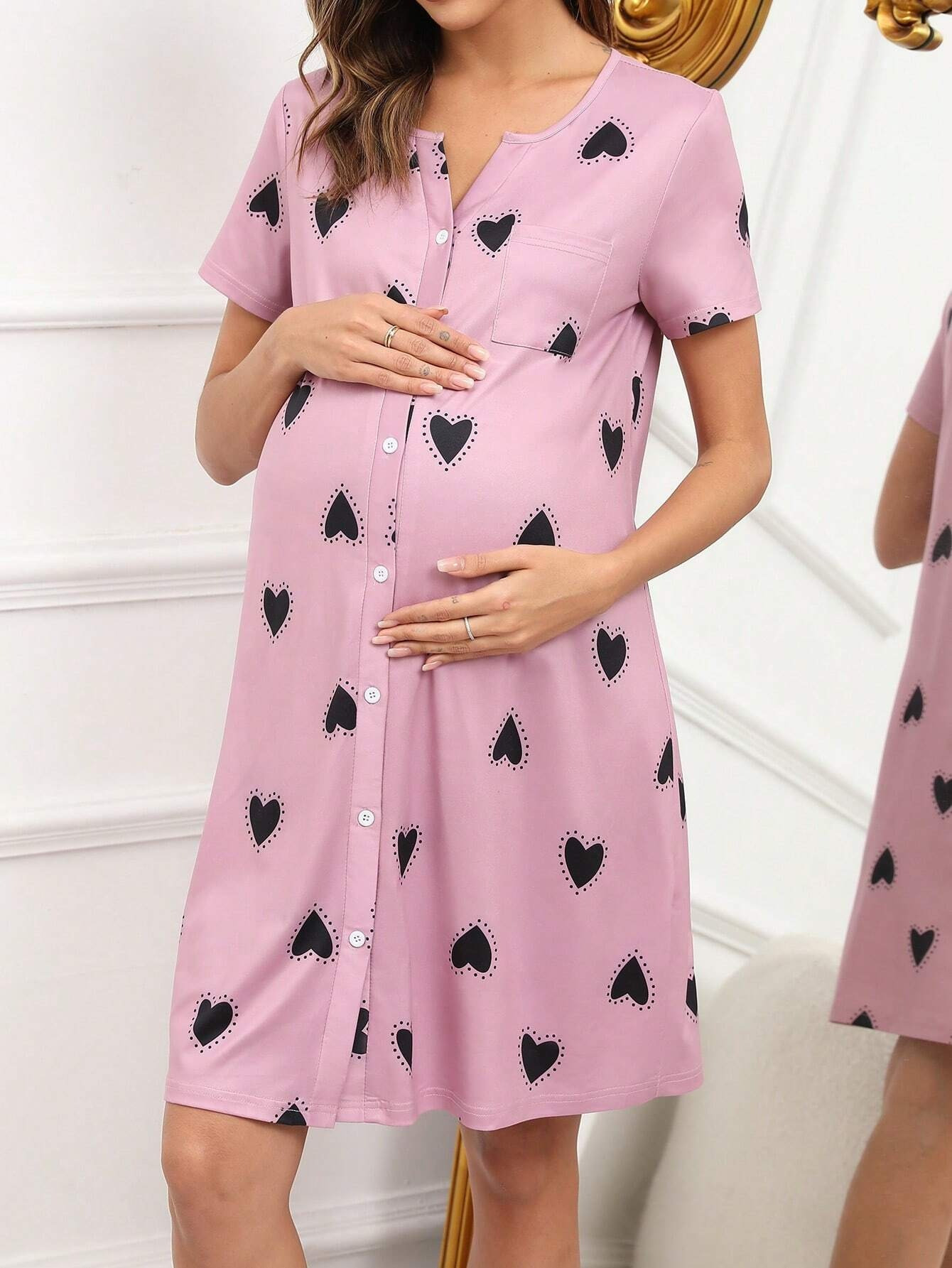 Elegant Maternity Floral Night Dress Pink Short Sleeve, High Stretch,  Button Detail Fit for Women, Spring/Summer Sleepwear, Maternity Clothes
