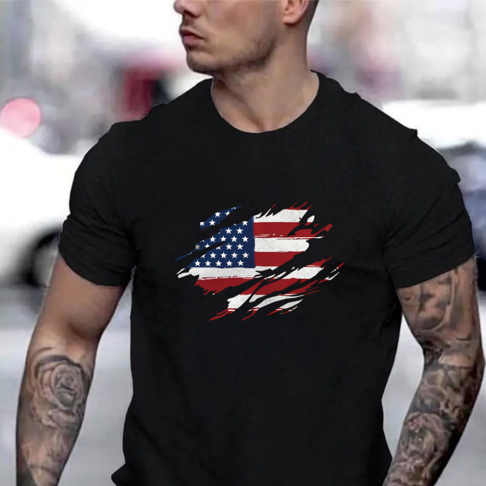 

American Flag Graphic Men's Short Sleeve T-shirt, Comfy Stretchy Trendy Tees For Summer, Casual Daily Style Fashion Clothing