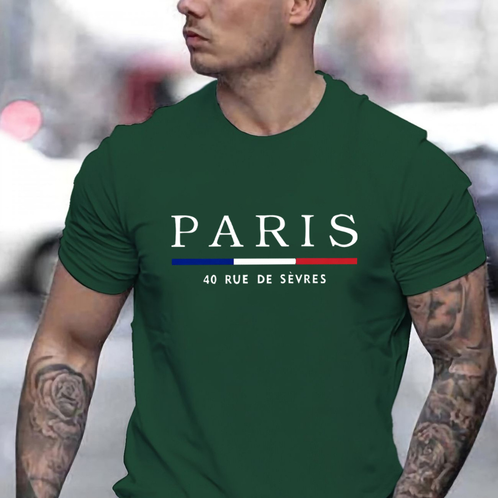 

Paris Graphic Men's Short Sleeve T-shirt, Comfy Stretchy Trendy Tees For Summer, Casual Daily Style Fashion Clothing