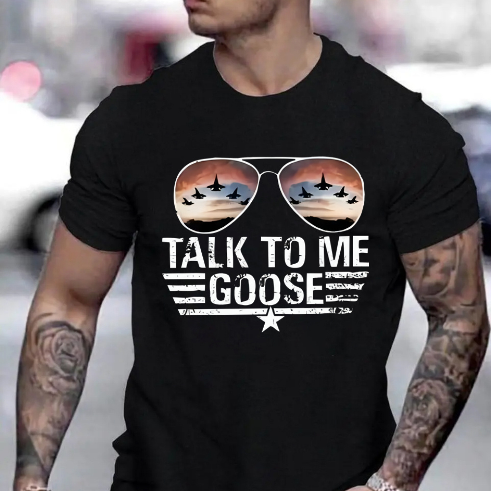 

Talk To Me Goose Graphic Men's Short Sleeve T-shirt, Comfy Stretchy Trendy Tees For Summer, Casual Daily Style Fashion Clothing