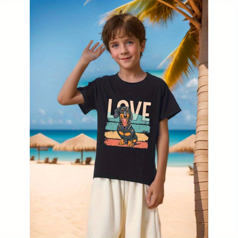 

Dachshund Love Print Children's Stylish T-shirt, Boys Summer Sports Lightweight Comfy Round Neck Short Sleeve Casual Top