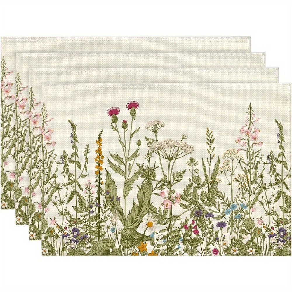 

4/6pcs Placemats, Antique Herbs And Wild Flowers Fall Placemats, 12x18 Inch Seasonal Wildflower Summer Table Mats For Party Kitchen Dining Decoration