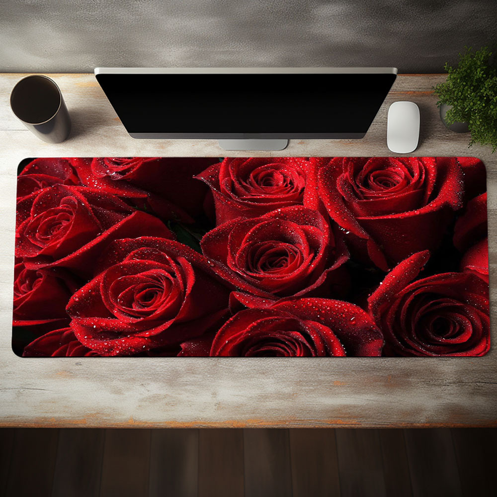 

Red Rose Mouse Pad Large Roses Desk Mat With Nature Non-slip Rubber Base Stitched Edges Desk Pad Keyboard Pad Size 35.4x15.7in As Valentine's Day New Year Gift For Teen/boyfriend/girlfriend