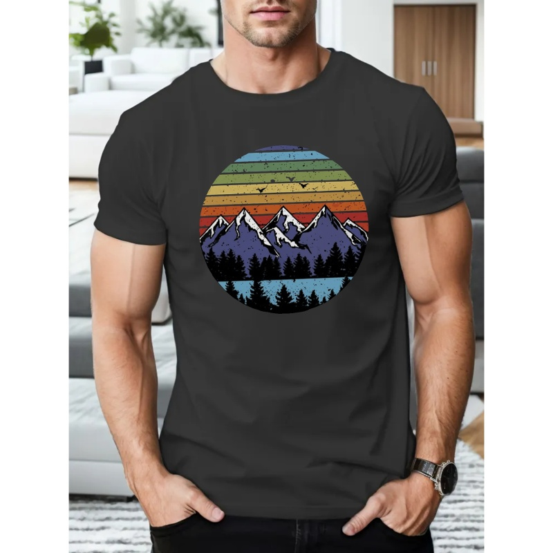 

Mountains Graphic Print T Shirt, Tees For Men, Casual Short Sleeve T-shirt For Summer