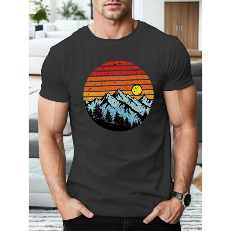 

Mountains Sunset Print T Shirt, Tees For Men, Casual Short Sleeve T-shirt For Summer